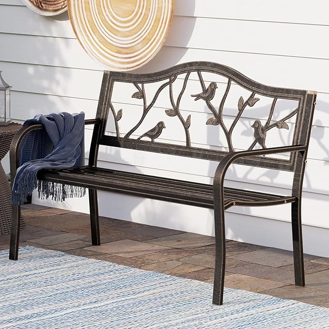 PHI VILLA Outdoor Garden Park Bench Patio 50" Metal Bench, Steel Frame Bench with Backrest and Armrests for Porch, Lawn, Balcony, Backyard and Indoor, Bronze