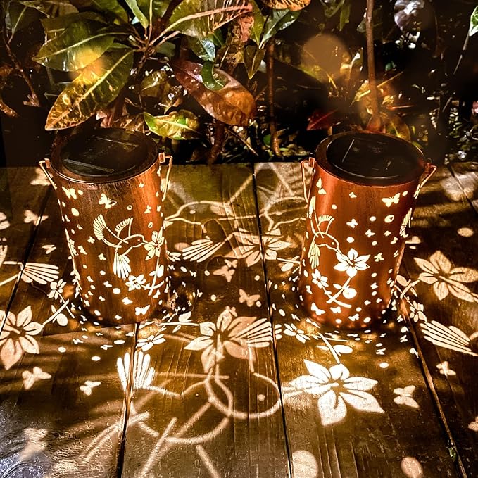 2 Pack Hummingbird Solar Lanterns Outdoor Hanging Lantern Lights, Hollowed-Out Metal Decor Lantern