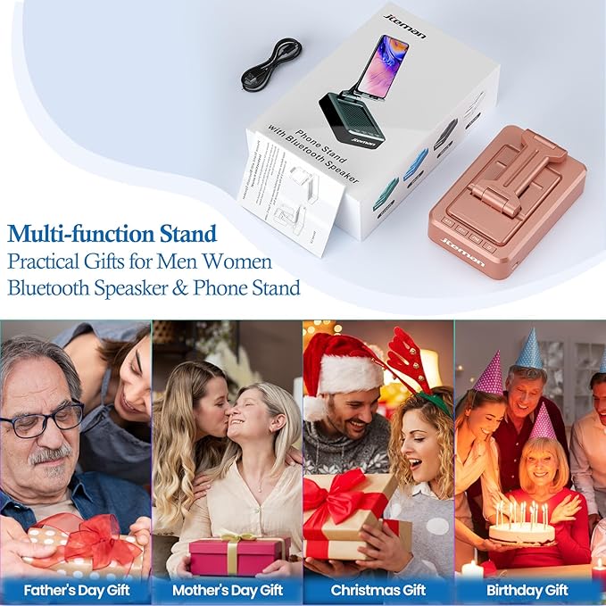 Jteman Portable Phone Stand with Speaker Bluetooth Wireless,Gifts for Men Women,Birthday for Women Men,Kitchen Gadgets for Men,Phone Holder for Desk - Rose Gold