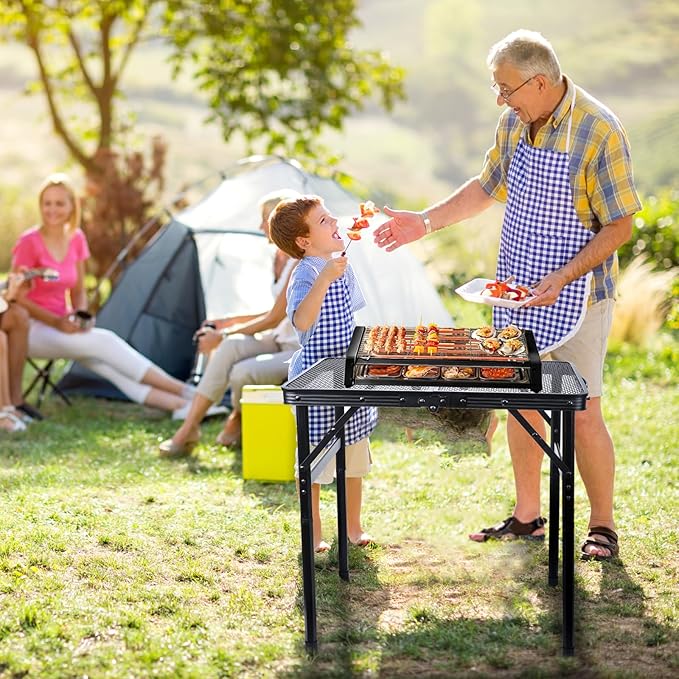 Folding Grill Table Metal Portable Camping Table with Mesh Desktop Lightweight & Foldable Height Adjustable Black Picnic Table for RV, BBQ Outside Inside