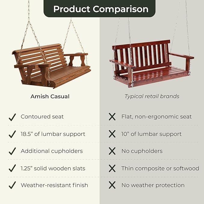 Amish Casual 4 Foot Roll Back Porch Swing with Cup Holders in Cedar Stain - Amish Made in The USA from Treated Pine Heavy Duty 700 Lb. Weight Capacity