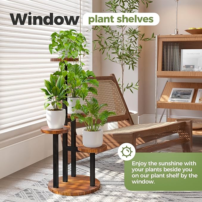 Bamworld 4 Tier Plant Stand Indoor Small Plant Shelf Outdoor Metal Tall Flower Holder Table Support Rack Garden Accessories for Plant Lovers(Brown)