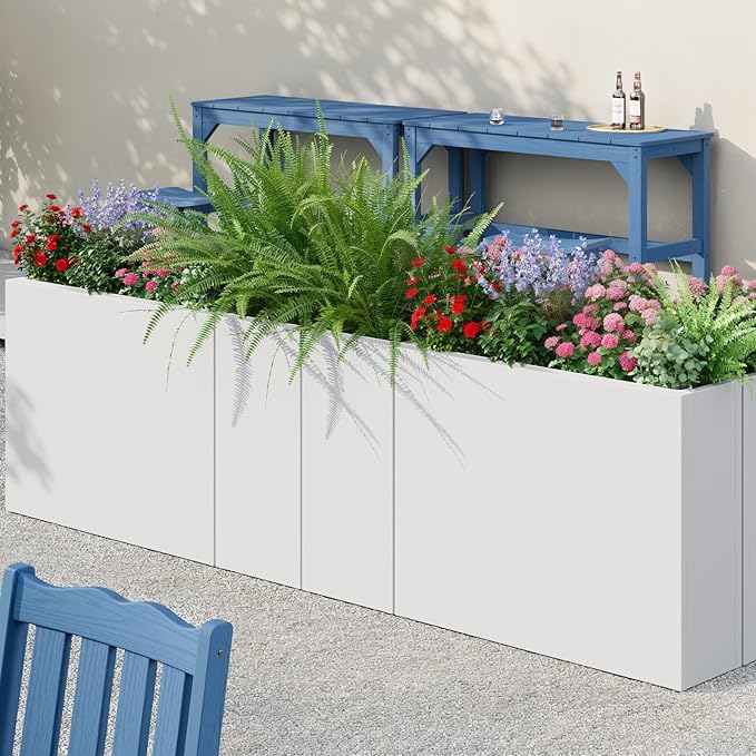 Stoog 38" Large Planters for Outdoor Plants Set of 2, All-Weather Rectangular Metal Planter Box with Removable Insert Shelf, Ideal for Plants, Flowers, Vegetables, Garden, White