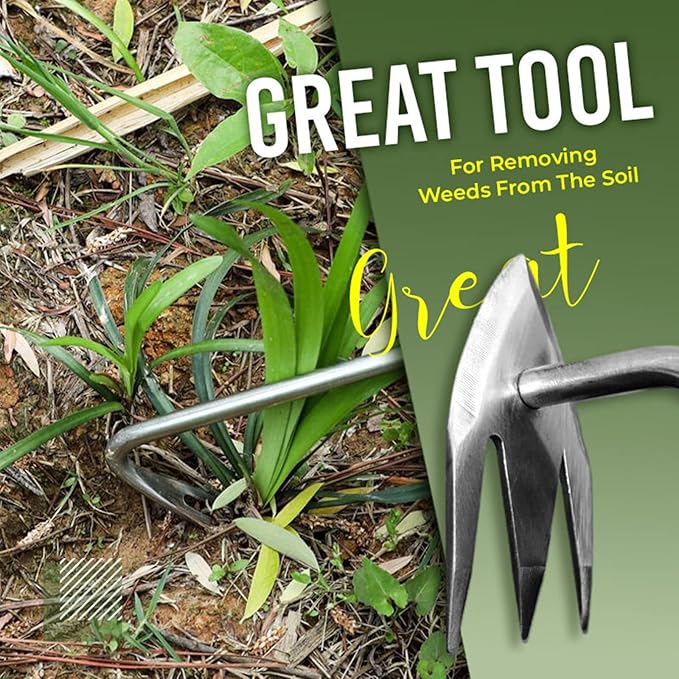 Amposei Stainless Steel Multifunctional Weeder, Hand Weeder Tool Stand Up Weed Puller Tool with Long Handle, V-Shaped Light Duty Hand Weeder for Lawn Garden Yard Farmland Weed Removal (Wood Handle)