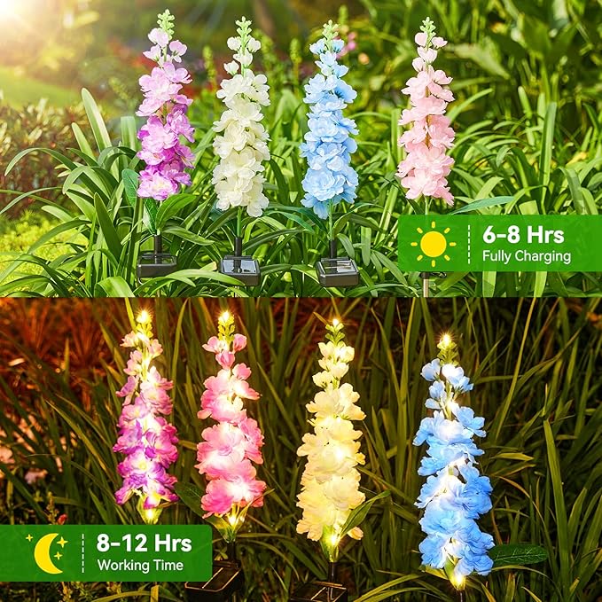 KOOPER Solar Lights Outdoor Garden Decor, 4 Pack Upgraded Delphinium Solar Garden Lights, 36 LEDs Garden Lights Solar Powered, Waterproof Solar Lights for Outside, Solar Flowers Lights for Yard Decor