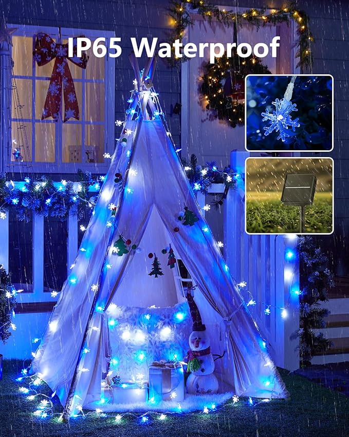 Brightown Solar Christmas Snowflake String Lights, 72FT 200 LED Outdoor Waterproof Fairy Lights with 8 Lighting Modes for Wedding, Party, Tree, Room, Garden, Patio, Yard, Home, Blue&White