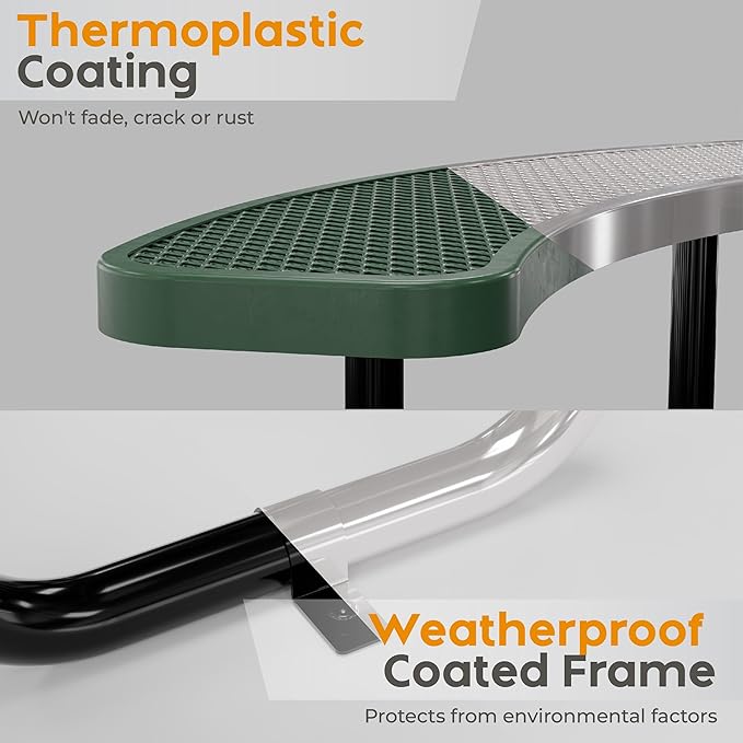 Metal Picnic Tables for Outdoors with Umbrella Hole - Coated Steel Heavy Duty Commercial Grade Table with Adjustable Seats (Green, 38 in, Round, Expanded Steel)