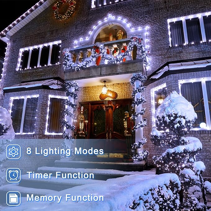 66FT Christmas Decorative Lights, Connectable 200 LED Green Wire Fairy String Lights Plug in, 8 Lighting Modes LED String Lights, for Indoor Outdoor Xmas Tree Wedding Party Decoration Cool White