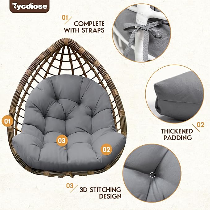 Egg Chair Cushion Replacement, Waterproof Outdoor Hanging Egg Swing Chair Cushions Pads, U-Shaped Thickened Cushions for Hanging Eggs Chair with Ties, 47x33x7 Inches (Grey)