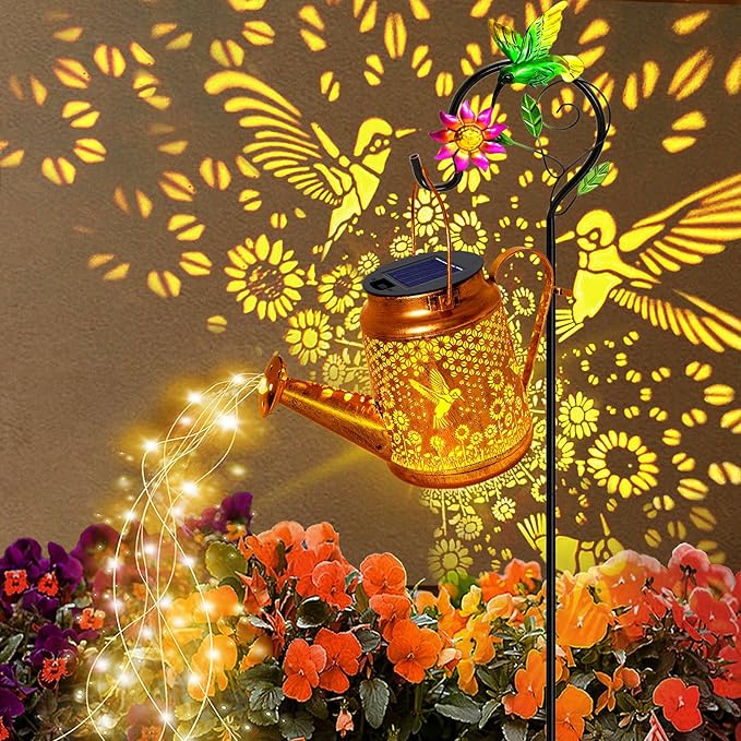 Solar Watering Can Lights, Hummingbird Hanging Lanterns Outdoor, Gardening Gifts for Mom Women Grandma Birthday, Waterproof Solar Lights Garden Decor for Outside Yard Art Patio Porch Lawn Backyard