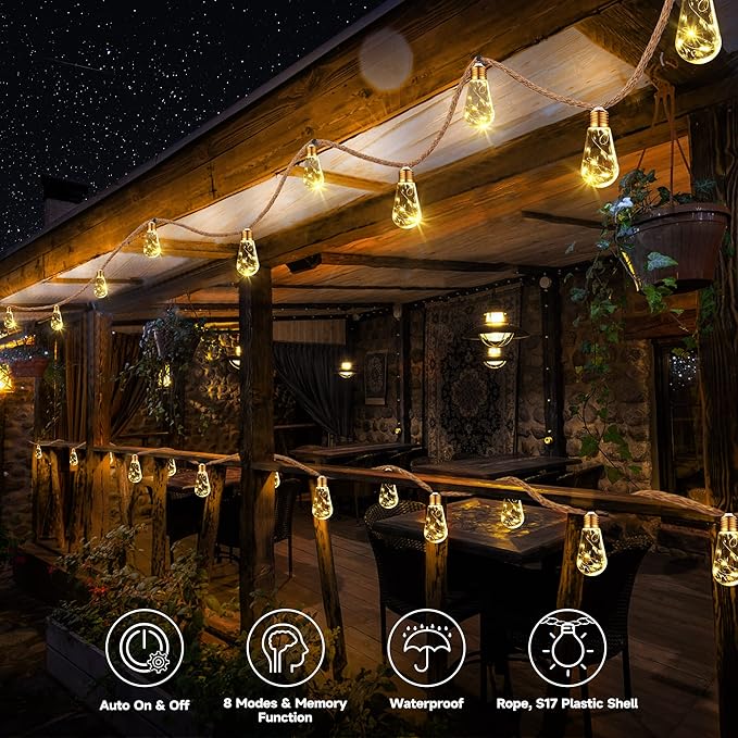 Solar Outdoor String Lights, 20Ft Vintage Rope Hemp Solar Patio Lights, Waterproof Warm White Solar Powered String Lights With 8 Modes 16 Shatterproof Bulbs for Garden Fence Stairs Balcony Café Bistro