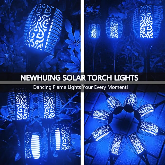 4PCs Halloween Solar Torch Lights Outdoor, 43in 96 LED, Waterproof Landscape Garden Pathway Light with Blue Vivid Dancing Flickering Flames, Auto On/Off Dusk to Dawn for Halloween Lights Decoration
