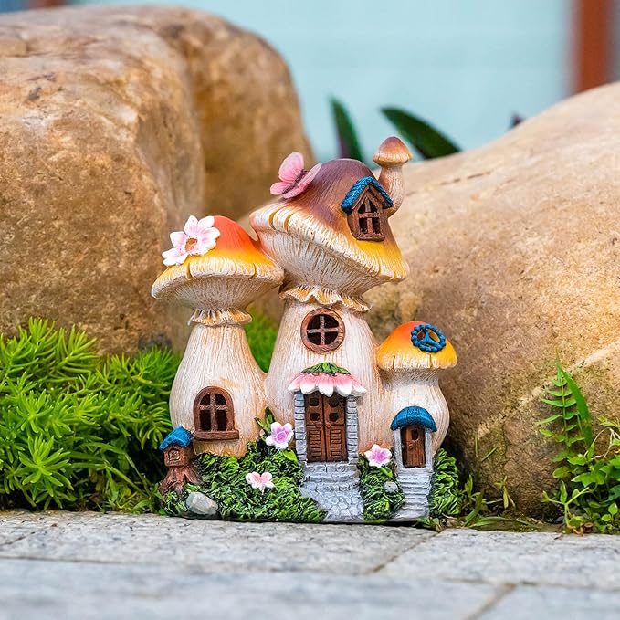 Solar Garden Statue Lights Mushroom Fairy House Figurine, Outdoor Memorial Garden Ornaments Waterproof Decoration for Outside Patio Yard Lawn Decor