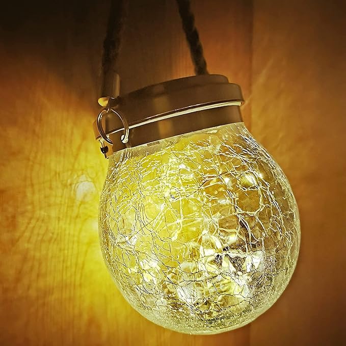 Solar Lantern Crackle Glass Ball, 2 Pack Garden Hanging Solar Lights Outdoor Waterproof Lanterns with 30 Warm White LED for Outdoor Decor Patio Yard Lawn Pathway