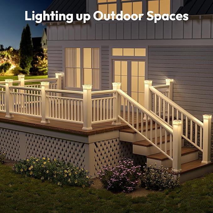 NIORSUN Solar Post Cap Lights Outdoor, 2 Modes LED, Deck Fence Post Solar Lights for 3.5x3.5 4x4 5x5 Post Caps Patio Garden Decoration, Solar Post Lights Warm White/Cool White Lighting White 12 Pack