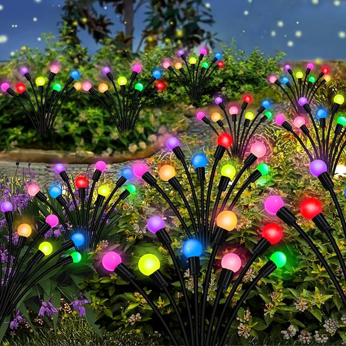 4 Pack 40 LED Solar Firefly Lights,2 Pack Multicolor+2 Pack Blue