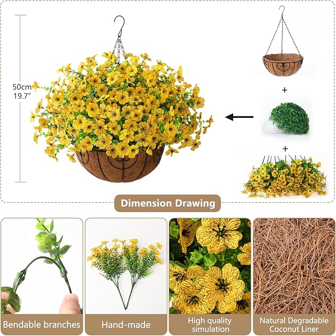 Artificial Faux Hanging Plants Flowers Basket Outdoor Indoor Patio Lawn Garden Spring Decor, Fake Silk Daisy in Basket with 12inch Coconut Lining Chain Palm Flowerpot(Yellow)
