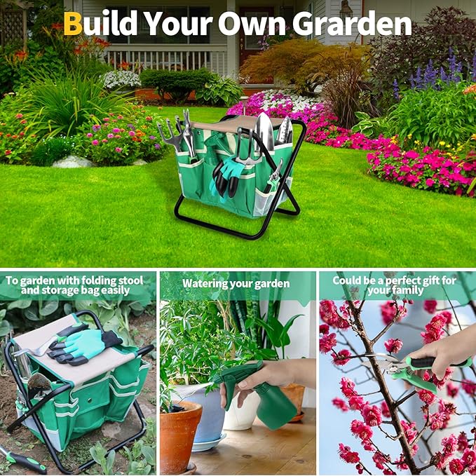 9 PCS All-in-one Garden Tools Set, Heavy Duty Cast-Aluminium Alloy Gardening Tools Kit with Folding Stool Seat&Detachable Canvas Tool Bag , Non-Slip Rubber Grip, Outdoor Hand Tools