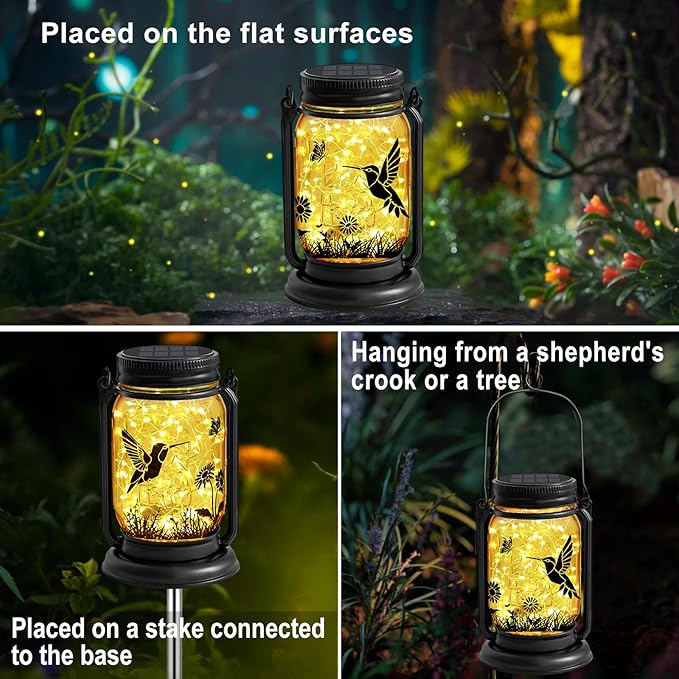 2 Pack Hummingbird Solar Outdoor Lanterns, Birthday Mothers Day Gifts for Women Mom Grandma, Vintage Glass Mason Jar Solar Fairy Lights, Waterproof Garden Lights for Patio Yard Lawn Tree Party Decor