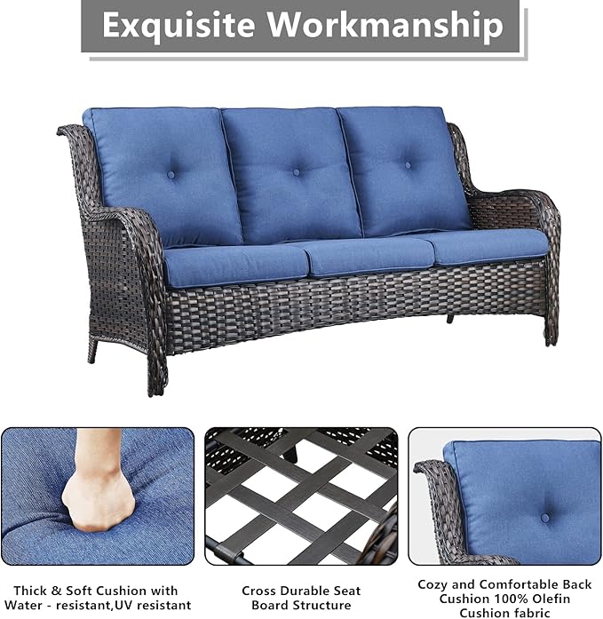 Outdoor Wicker Patio Furniture Set - 6 Piece Rattan Patio Conversation Set with 2 Rocking Swivel Chairs,2 Ottomans,1 Sofa and 1 Coffee Table for Porch Deck Backyard Garden(Brown/Blue)