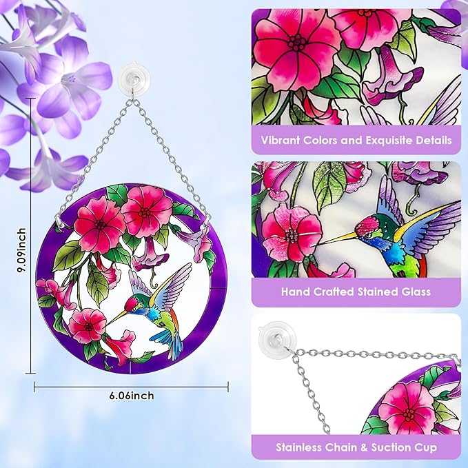 Stained Glass Window Hanging, Hummingbird Gifts for Women, Bird and Flowers Suncatcher for Window, 6" Purple Stained Glass Suncatchers, Hand Painted Glass for Birds Lover (6 inch)