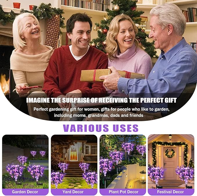 Kohlrabi Solar Garden Lights Outdoor, 6 Pack Solar Butterfly Lights Purple Lavender Gardening Gifts for Women, Purple Artificial Flower with Butterfly Garden Decor for Lawn Patio