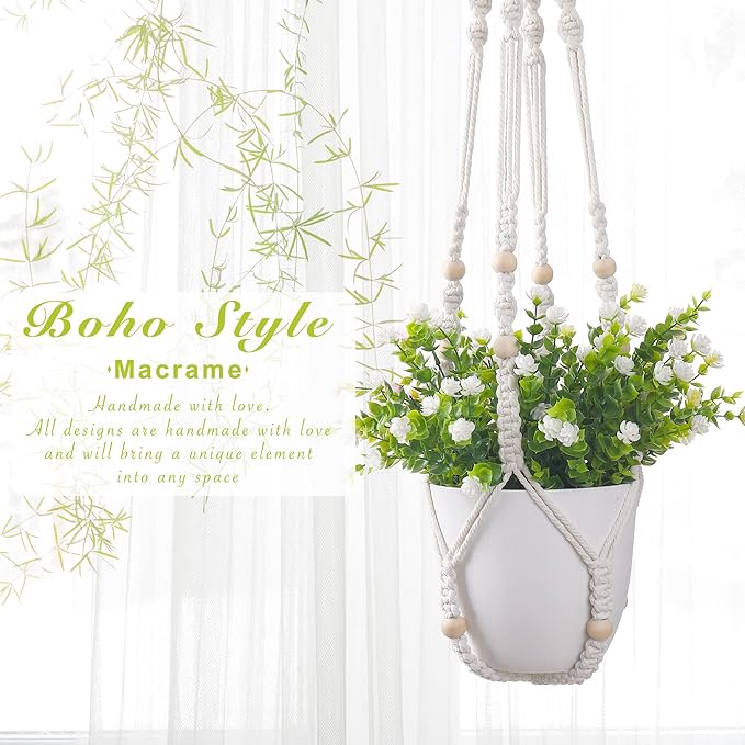 YIBOT 2 Pack Macrame Plant Hanger Indoor Hanging Planter Basket with Wood Beads Decorative Flower Pot Holder No Tassels for Indoor Outdoor Boho Home Decor-35 Inch