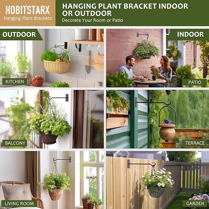Heavy Duty Plant Hangers Outdoor- Hand-Forged Hanging Plant Brackets - 2 Pack 12 Inch Black Wrought Iron Wall Plant Hooks for Hanging Plants, Lanterns, Bird Feeders