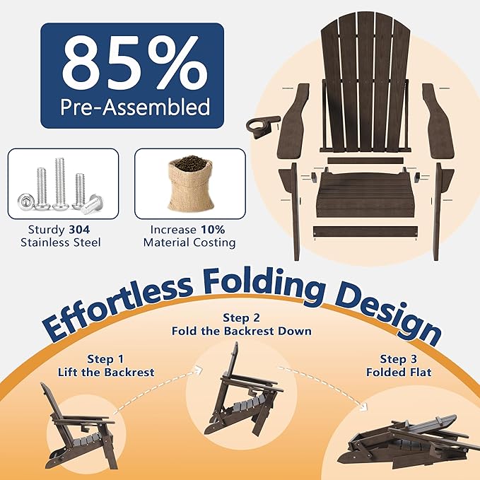 Folding Adirondack Chair with Cup Holder, HDPE All Weather Resistant Plastic Outdoor Patio Chairs, Heavy Duty Fire Pit Seating for Backyard Lawn Garden, Wooden Textured Design(Coffee)
