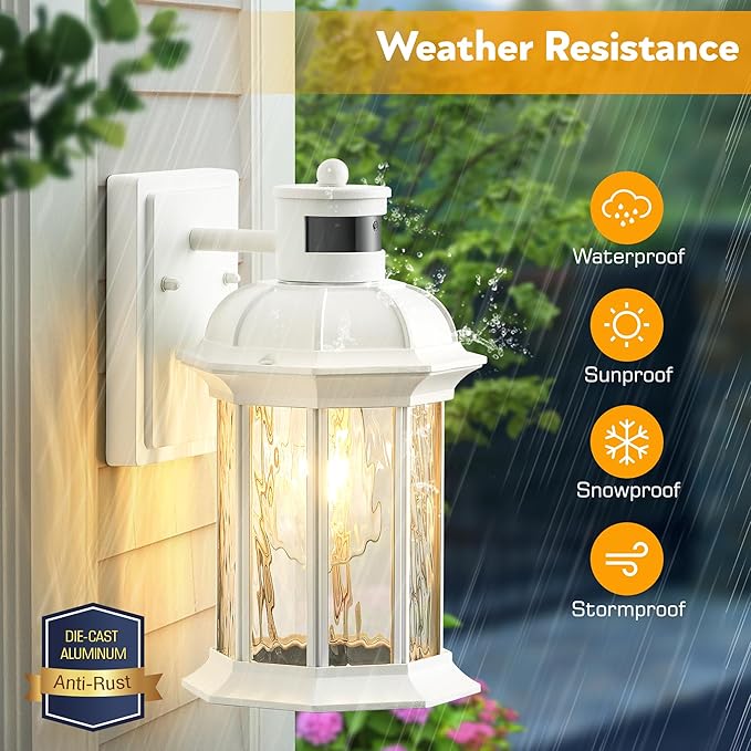 VIANIS White Motion Sensor Exterior Wall Light Lantern, Modern Dusk to Dawn Outdoor Porch Light Fixtures Wall Mount, Waterproof Outdoor Wall Sconce for Garage Entrance with Tempered Water-Ripple Glass