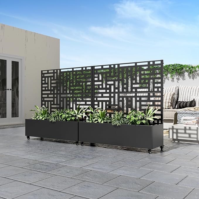 Casaphoria Metal Raised Garden Bed with Trellis and Wheels, 47"x47"x16" Planter Box for Climbing Plants, Vegetables & Vines, Features Drainage Holes and Privacy Screen (Black-Helen)