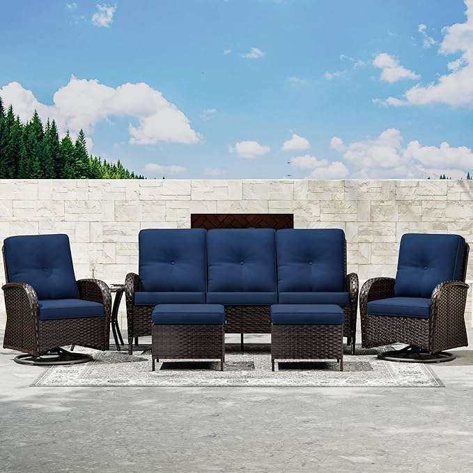 Joyside 6 Piece Patio Furniture Set, Outdoor Wicker Conversation Sets with Swivel Rocker Chairs and Sofa, Thick Cushion, Rattan Patio Sectional for Porch, Deck Use (Brown/Blue, 6 PCS)