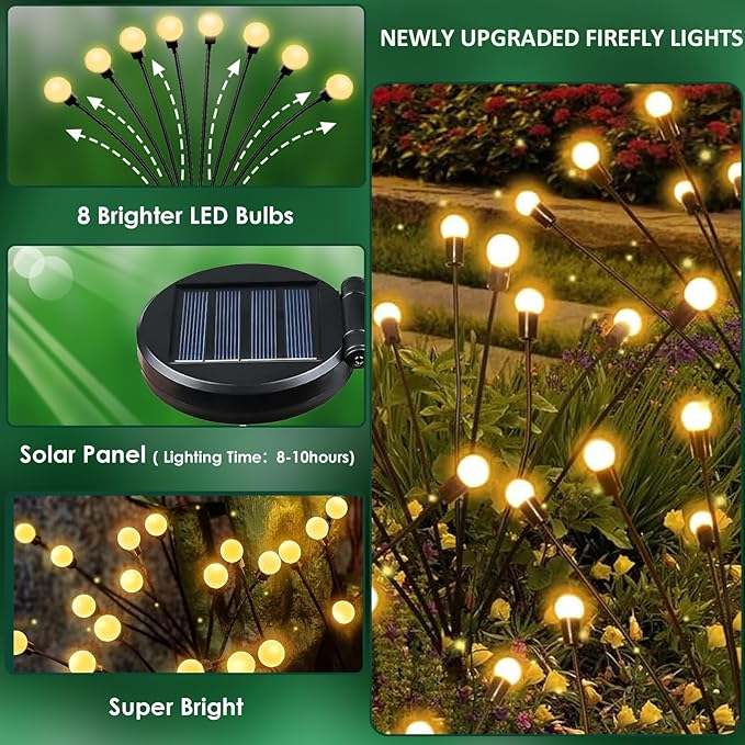 8-Pack Solar Garden Lights, 64 LED Solar Lights Outdoor for Garden Decor, Waterproof Firefly Light Outdoor (Sway by Wind), Swaying Light for Outside Yard Pathway Landscape Decorations (Warm White)