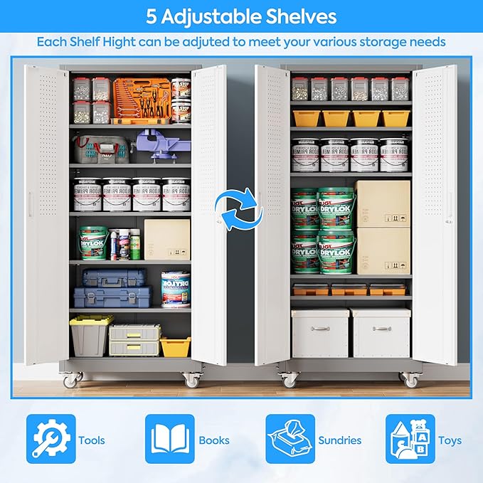 71" H×32" W×16" D Garage Storage Cabinet with Wheels & Pegboard, Locking Metal Storage Cabinet with Doors and 5 Adjustable Shelves & & 4 Hooks for Garage Warehouse Home Office, White and Gray