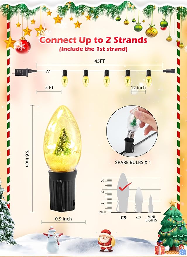 C9 LED Christmas Lights Outdoor, 45 Ft C9 String Lights with 40 Shatterproof LED Bulbs, 3 Light Mode, Connectable Waterproof Christmas Tree Lights for Outside Indoor Holiday Garden Decor, Warm White