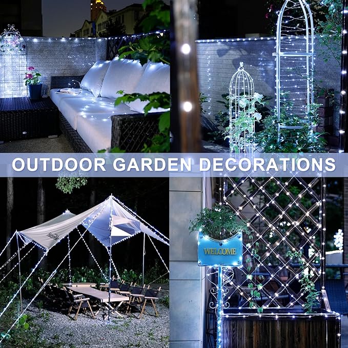 JMEXSUSS Total 400 LED White Solar Christmas Lights Outdoor Waterproof, 2 Pack 66ft Solar String Lights, 8 Modes Solar Fairy Lights for Yard Patio Tree Christmas Decor