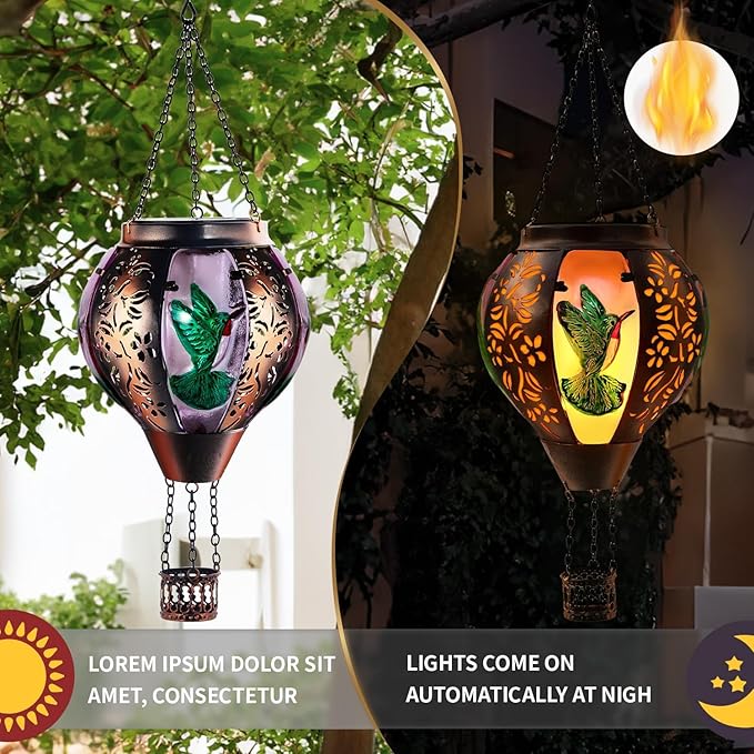 Hot Air Balloon Solar Lantern Outdoor - Flame Hanging Solar Light Waterproof Lanterns for Patio Garden Yard Farmhouse Decor, Great Gift(Hummingbird 2)