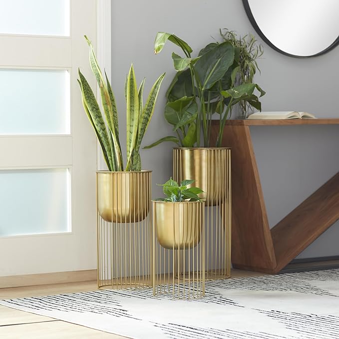 Deco 79 Metal Indoor Outdoor Planter Deep Recessed Dome Large Planter Pot with Elevated Caged Stand, Set of 3 Planters 24", 20", 16"H, Gold