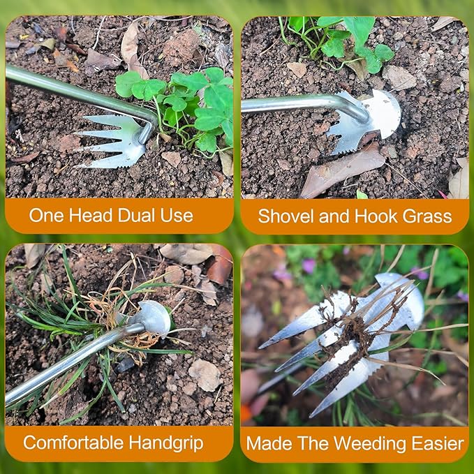 Amposei Weeding Artifact Uprooting Weeding Tool, Multifunctional Weeder, Hand Weeder Tool, Stand Up Weed Puller Tool with Handle for Garden Yard Farm Weed Removal (11in, Wood Handle-A)