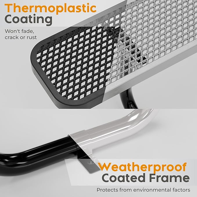 Metal Picnic Tables for Outdoors with Umbrella Hole - Coated Steel Heavy Duty Commercial Grade Table with Adjustable Seats (Black, 46 in, Square, Expanded Steel)