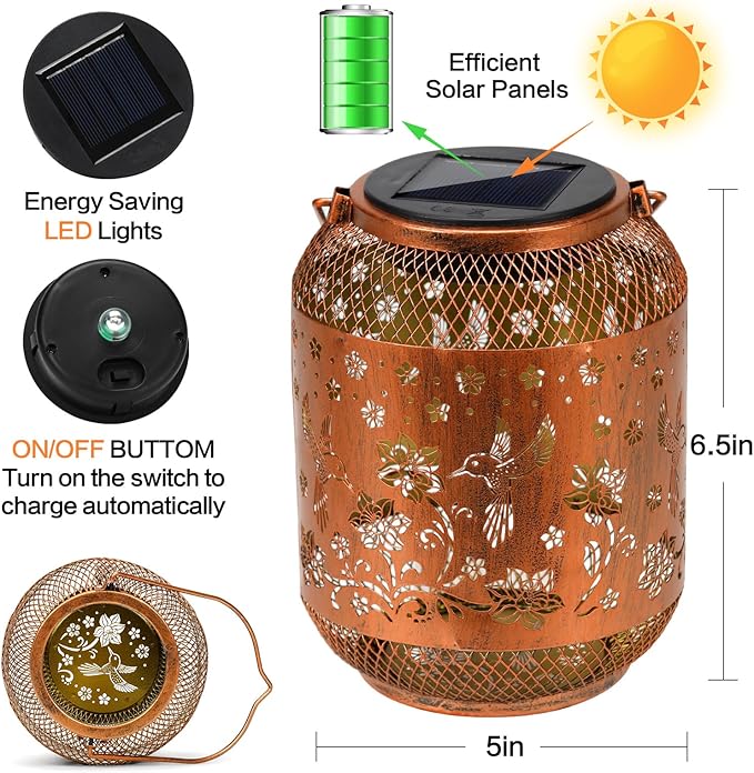 Hummingbird Solar Lanterns Outdoor Waterproof Garden Decor Birthday Gifts for Women Mom Grandma, Hanging Solar Lights Metal Lantern Decoration Outside for Yard, Patio, Backyard, Porch