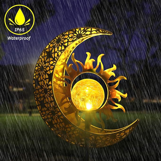 Solar Garden Statues Outdoor Decor, Moon Sun Figurine Light Stake, Housewarming Ornament for Patio, Lawn, Yard, Pathway - Unique Gift Ideas for Gardening Mom Grandma