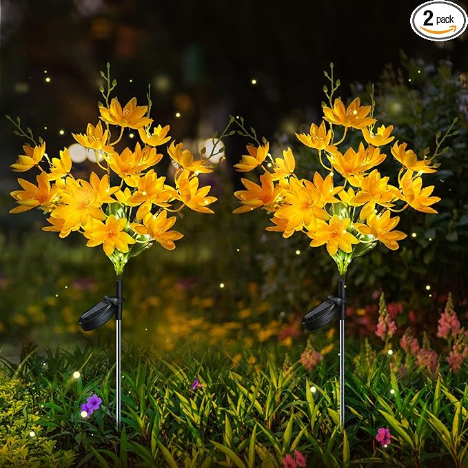 Neporal Solar Flowers Outdoor Waterproof IP65, 5-Head Snow Lotus with 20+ Flowers, Warm LED Light & 2 Lighting Modes, Decorative Solar Lights Outdoor Garden, Yard, Pathway, Flower Bed (2-Pack, Yellow)