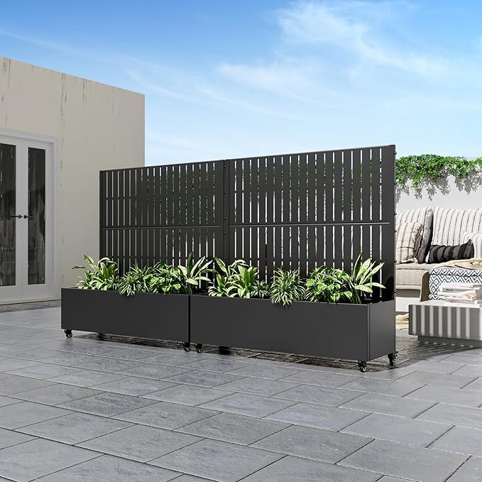 Casaphoria Metal Raised Garden Bed with Trellis and Wheels, 47"x47"x16" Planter Box for Climbing Plants, Vegetables & Vines, Features Drainage Holes and Privacy Screen (Black-Fence)