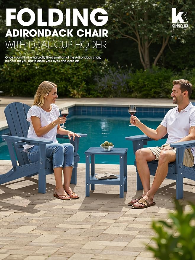 KINGYES Folding Adirondack Chair with Dual Cup Holders - HDPE All-Weather Outdoor Chairs, Wood-Like Patio Chair for Backyard, Camping, Pool & Fire Pit, Navy