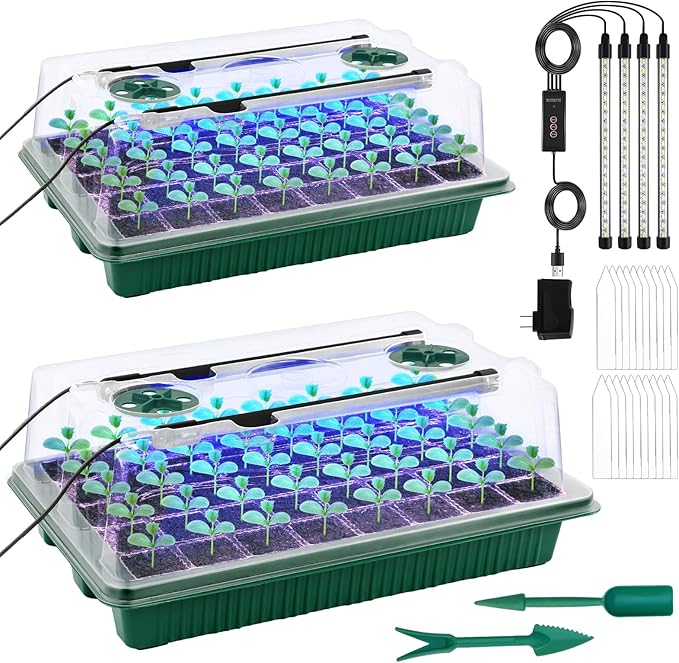 2 Packs Starter Tray with Grow Light, 80 Cells Seed Starter Kits with Humidity Dome and Base Plant Germination Seedling Starter Kit with Smart Timer for Indoor Greenhouse Wheatgrass Hydroponic