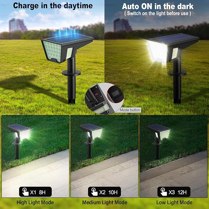 Solar Spot Lights Outdoor IP65 Waterproof, 53 LEDs Solar Powered Garden Yard Lights Outdoor 3 Modes Landscape Spotlight Wall Light with Auto On/Off for Driveway Porch 2 Pack (Cool White)
