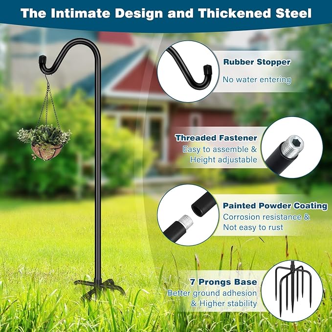 Gtongoko Adjustable Shepherds Hooks for Outdoor 76 Inch Bird Feeder Pole with 7 Prongs Base, 5/8 Inch Thick Heavy Duty for Hanging Bird Feeder, Plant Baskets,1 Pack