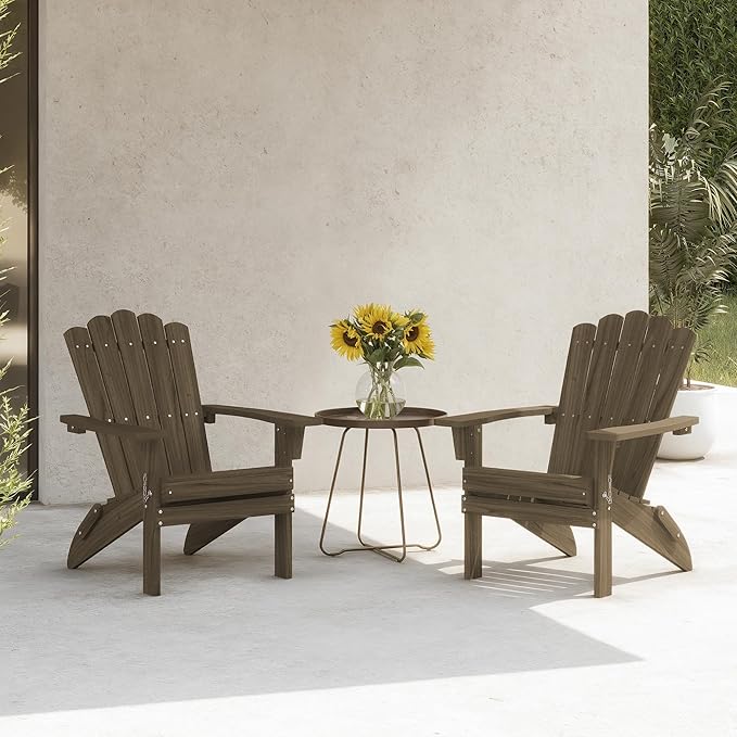 Folding HDPE Adirondack Chair Set of 2, Weather-Resistant Patio Chair with Wide Armrests & High Backrest, Fire Pit Chair for Garden, Backyard, Porch - Light Brown