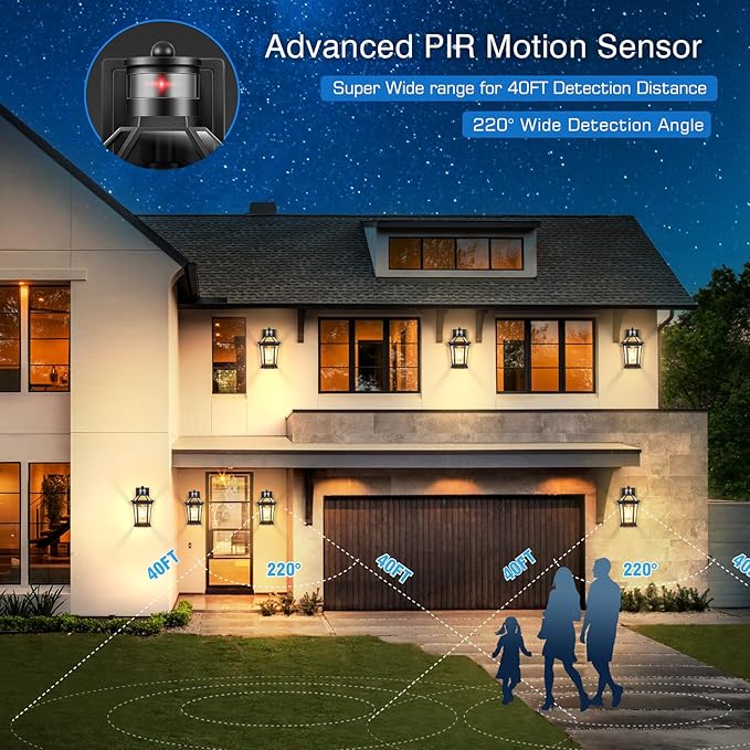 VIANIS Black 2 Pack Outdoor Lights for House, Dusk to Dawn Porch Light Lantern, Exterior Lighting for House Wall Mount, Motion Sensor Light Outside for Garage, Brightness Distance Adjustable